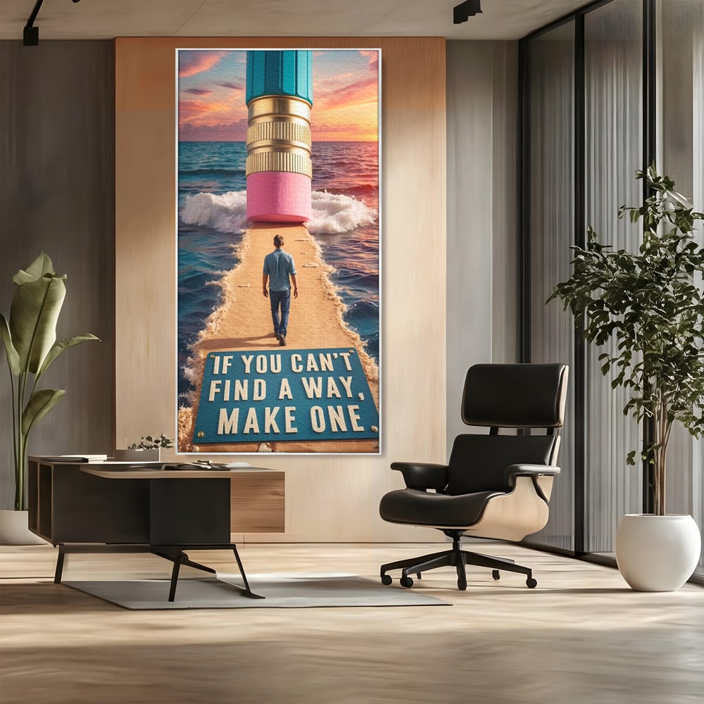 Tablou canvas cu ilustratie motivatioanala cu barbat pe carare, in rama de aluminiu argintiu, pe perete intr-un birou